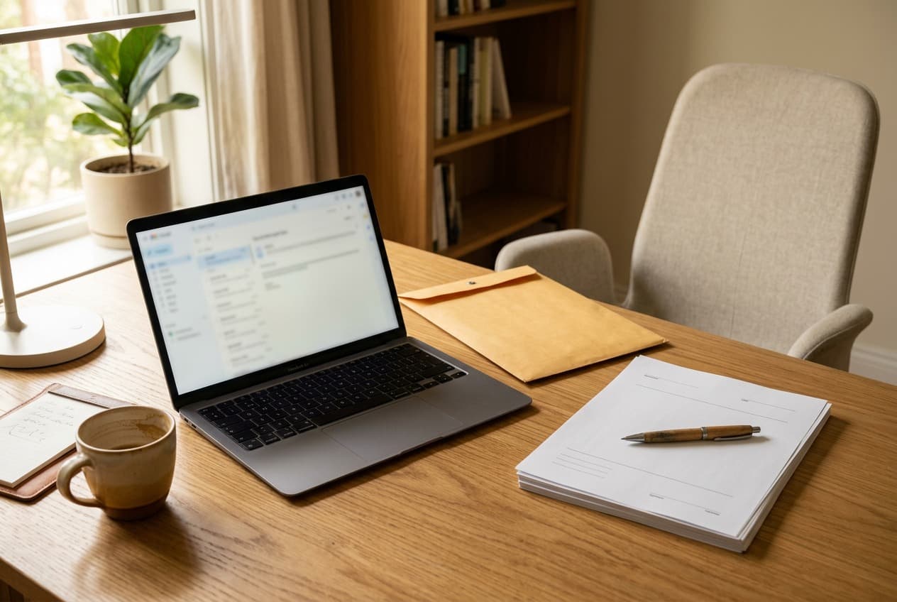Laptop and sealed envelope on a quiet home desk after a phone call