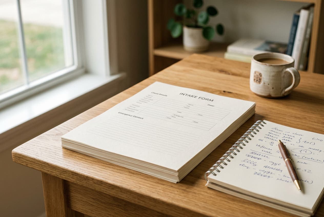 Blank intake forms and a notepad on a desk