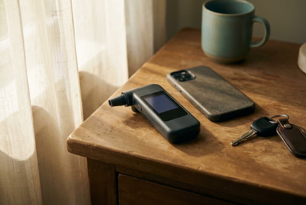 A handheld breath alcohol device on a nightstand beside a phone and keys
