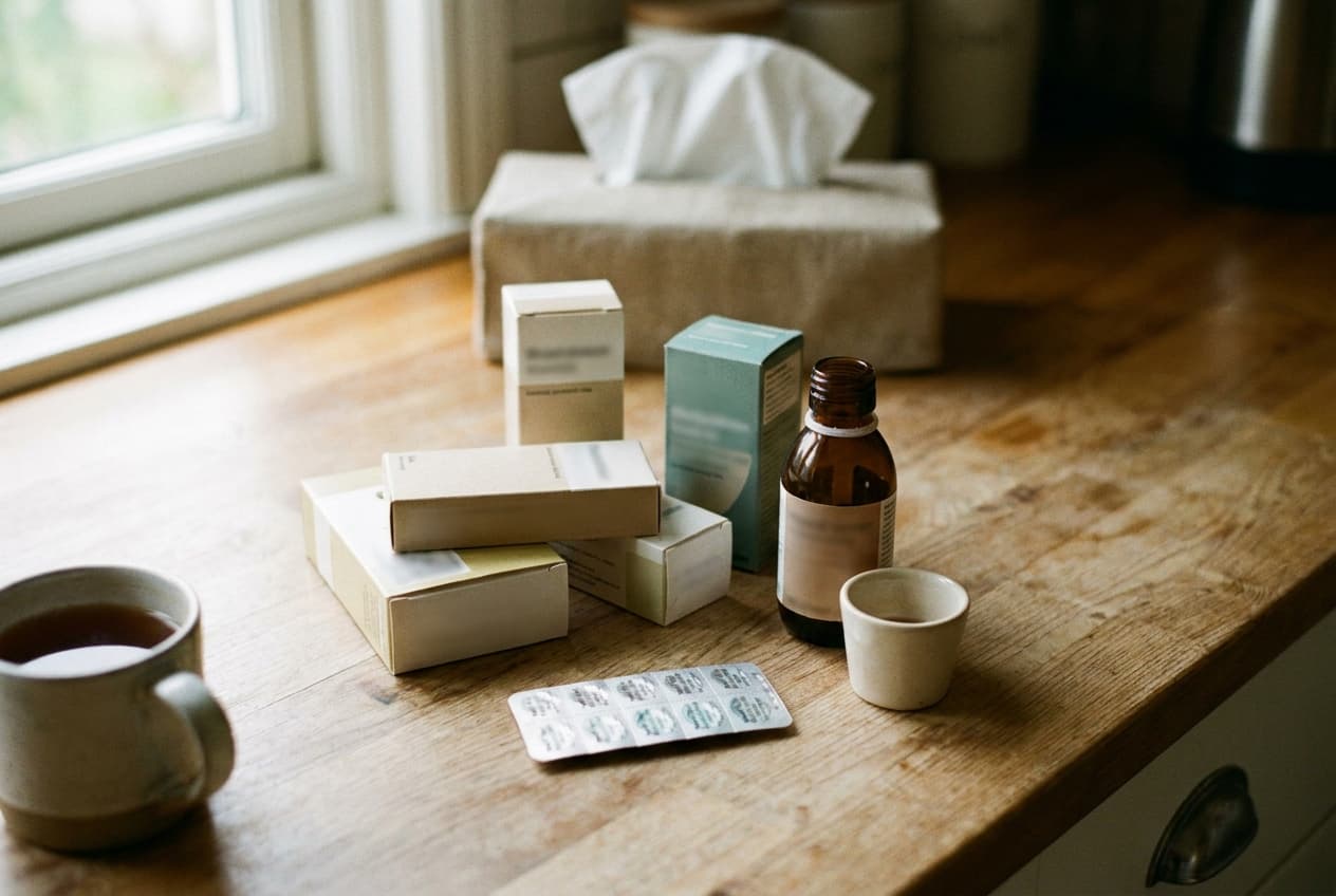 Over-the-counter cold and flu medicines on a kitchen counter