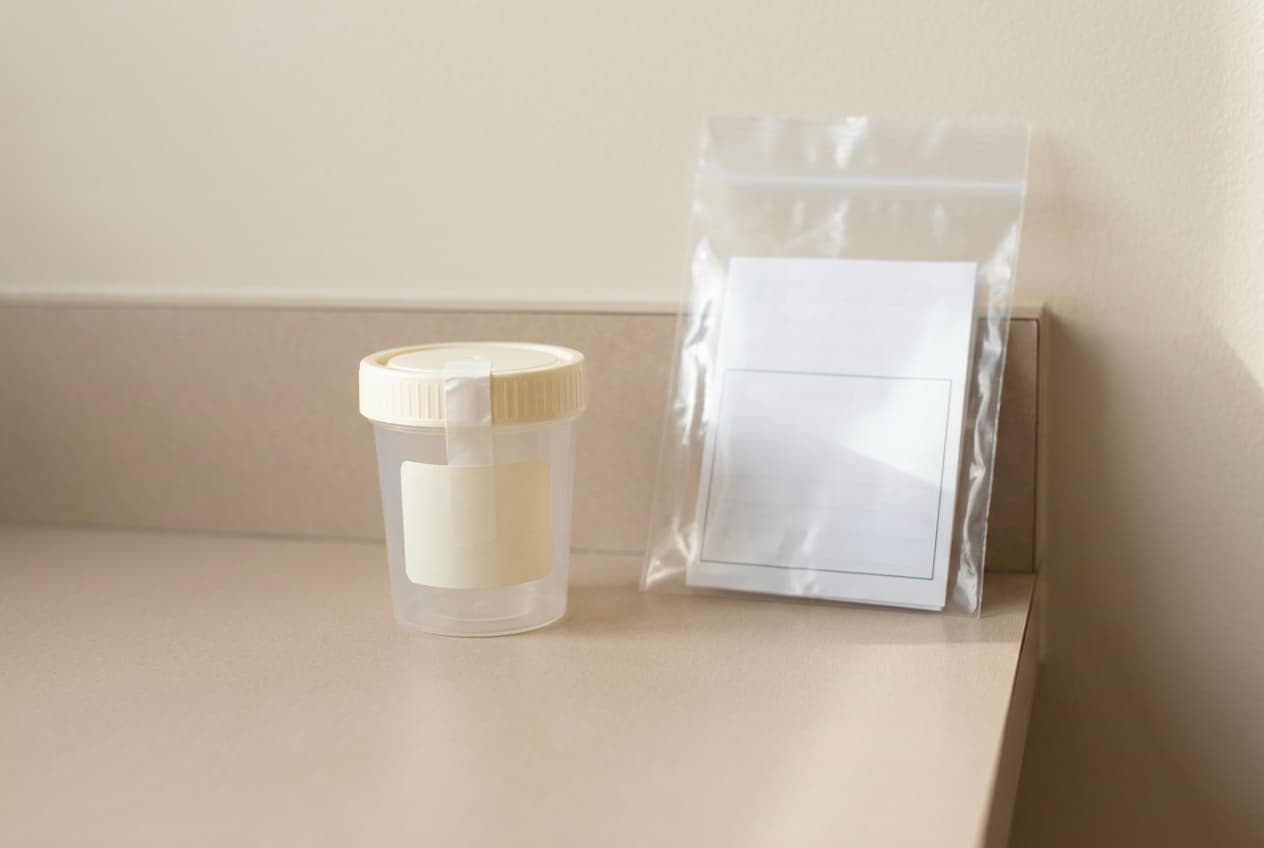 A sealed urine specimen cup and specimen bag on a counter
